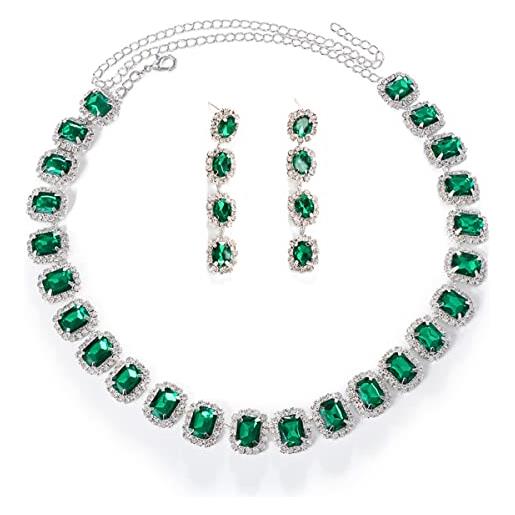 STONEFANS collana girocollo con strass verde smeraldo per le donne scintillante quadrato strass girocollo collare dichiarazione gioielli collo argento, adjustable, strass, smeraldo, strass