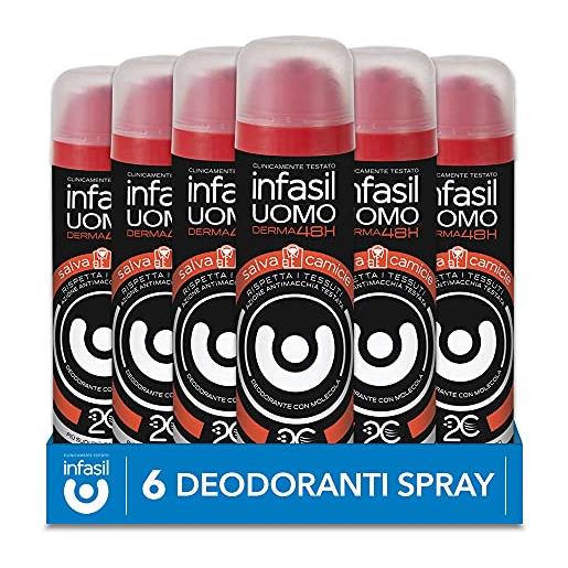 Infasil deodorante spray uomo derma 48h salvacamicie con molecola 2c, betaciclodestrina, per indumenti maschili, 6 deodoranti da 150 ml