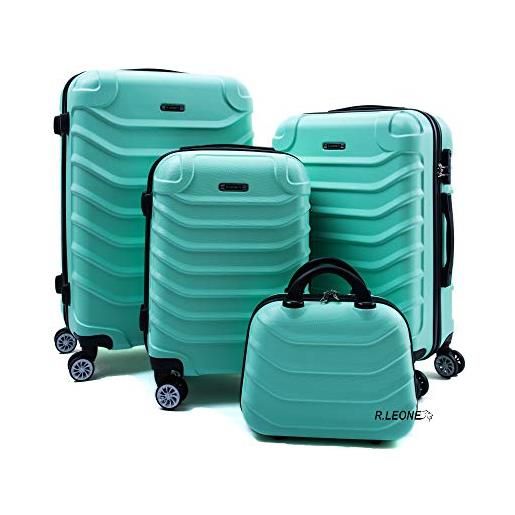 R.Leone valigia set 4 trolley rigido grande, medio, bagaglio a mano e beauty case 8 ruote in abs 2026 (verde acqua, set 4 xs s m l)