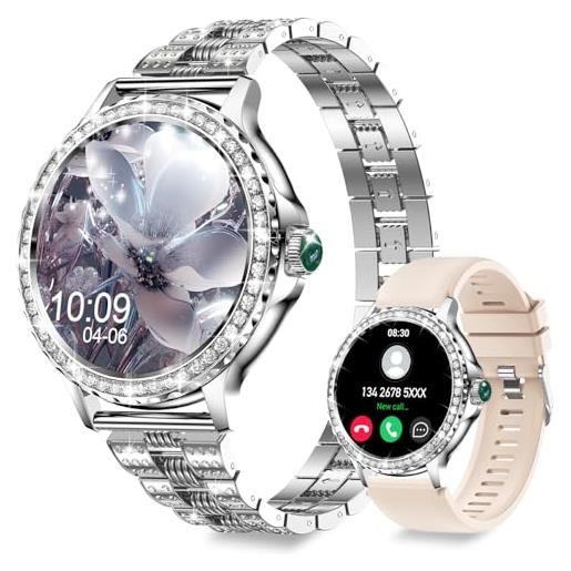 Fitonus smartwatch donna chiamate ble5.2, 1,3'' hd orologio smart watch diamante con 2 cinturini/110+ sport/sonno/cardiofrequenzimetro, orologio digitale ip68 per android ios, regalo donna, argento