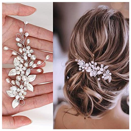 Brateuanoii accessori capelli sposa argento, ornamenti di strass nuziali, perla decorazioni fiore vite, in cristallo per donne e ragazze