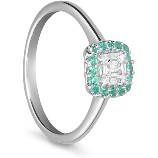 ALFIERI & ST. JOHN anello in oro bianco con diamanti round e baguette ct 0,08 e smeraldi ct 0,27