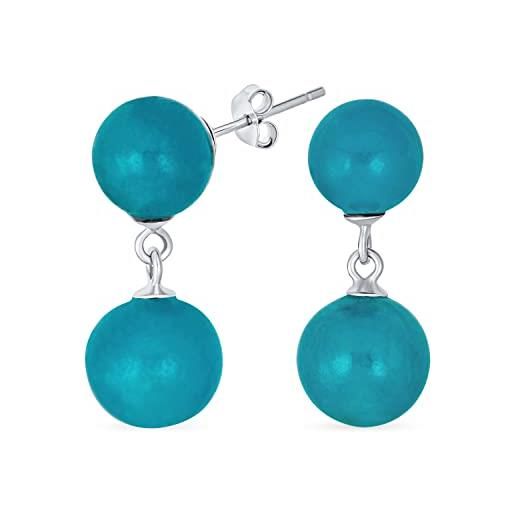 Bling Jewelry orecchini a sfera con doppio pendente rotondo di gemma classica semplice in vera giada blu egeo 2 per le donne. 925 sterling silver 10mm