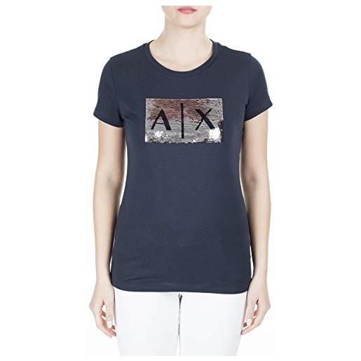 Armani Exchange basic con logo sequin, t-shirt, donna, azul (navy silver), s