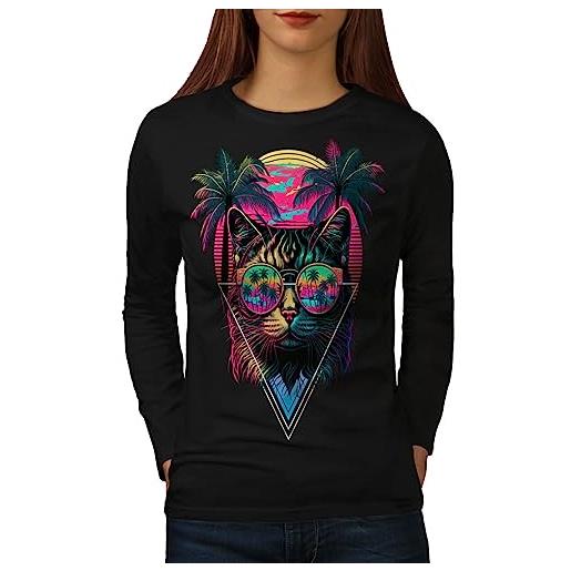 wellcoda neon gatto donne maglietta a maniche lunghe estate felino progettazione casual