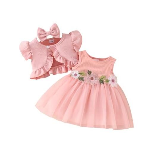 Alunsito abito da bambino e cardigan abito estivo senza maniche con stampa floreale per bambina e coprispalle a maniche corte con volant 2-3 anni rosa