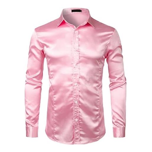 Generic camicia da smoking a maniche lunghe da uomo in raso di seta rosa camicia da smoking maschile per matrimoni club party dance prom camisas, rosa, l