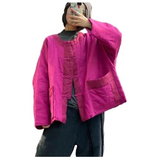 NFYM cappotto da donna trapuntato leggero girocollo in lino imbottito primavera allentato corto con bottoni a rana, rosso rosato, taglia unica