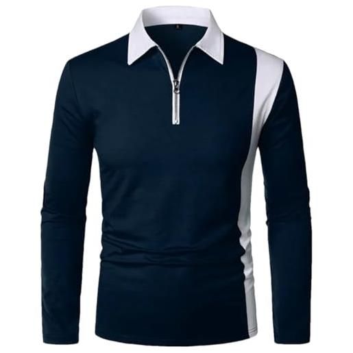 Generic camicia sportiva casual da uomo a righe tinta unita, polo a maniche lunghe con colletto a zip 2023. , blu navy, s