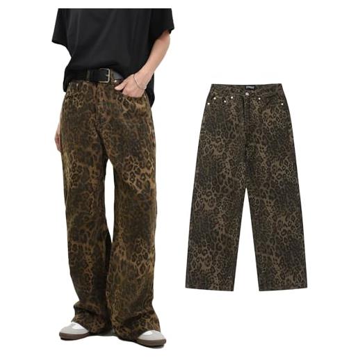 Hanaoni tan leopard jeans, street wear hip hop vintage cotone allentato, oversize gamba larga pantaloni, con tasche, pantaloni casual da donna con stampa leopardata