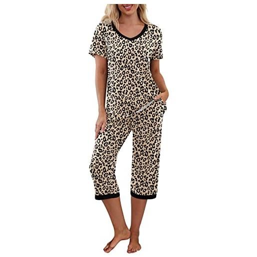 FeMereina set pigiama da donna a maniche corte con scollo a v e pantaloni capri, indumenti da notte a contrasto di colore/floreale/leopardato, leopardo cachi, m
