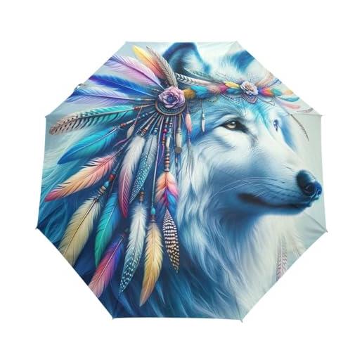 GAIREG ombrello pieghevole con lupo blu con piume bohémien, antivento, compatto, con apertura automatica, per donne e uomini