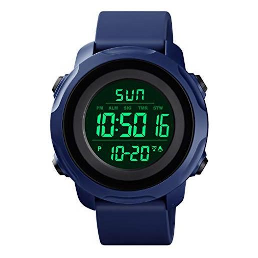 TONSHEN impermeabile sportivo orologi da polso uomo digitale led elettronico allarme cronometro doppio tempo outdoor militare orologio plastica e gomma (blu)