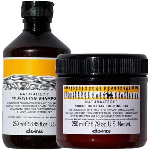 Davines naturaltech nourishing shampoo + hair building pack 250+250ml - rituale idratante ristrutturante capelli sfibrati secchi