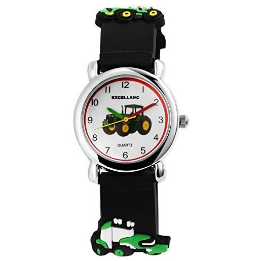 Excellanc orologio da polso per bambini, bianco nero verde rosso trattore in silicone