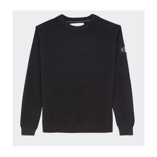 Calvin Klein Jeans washed badge sweater maglia grana riso nera lavata uomo
