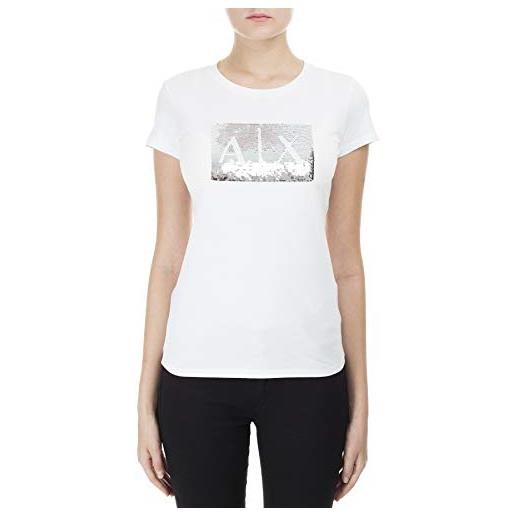 Armani Exchange basic con logo sequin, t-shirt, donna, bianco (white ground), l