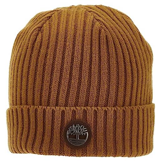 Timberland men's ribbed watch cap with logo plate, wheat, one size