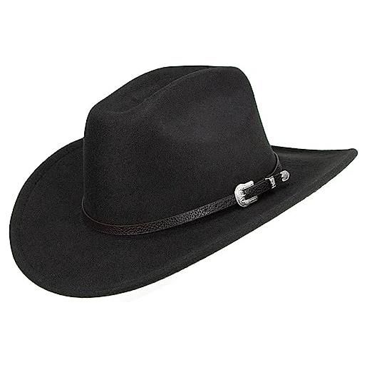 HilyBony cappello da cowboy occidentale per uomo classico cappello fedora a tesa larga con cintura fibbia, nero , l