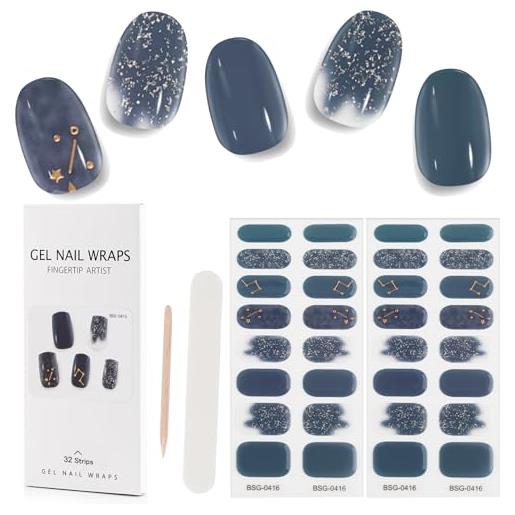 Kalolary 32pcs strisce di smalto in gel cure, adesivi per nail art adesivi a fascia completa, adesivi per chiodo uv/led gel impermeabili con file per chiodi e bastoncino (stella blu)