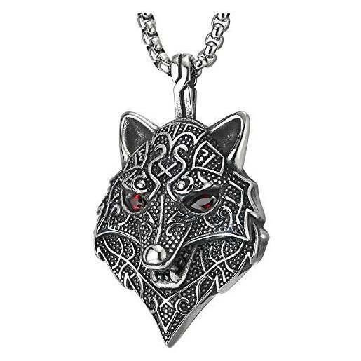 COOLSTEELANDBEYOND annata tribal tatuaggio modello punteggiati ruggente testa di lupo collana con rosso zirconi occhi, ciondolo, acciaio
