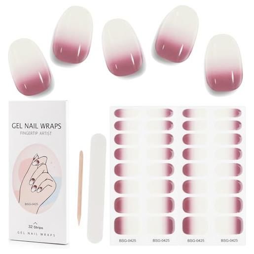 Kalolary 32pcs strisce di smalto in gel cure, adesivi per nail art adesivi a fascia completa, adesivi per chiodo uv/led gel impermeabili con file per chiodi e bastoncino (bianco viola sfumato)