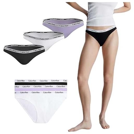 Calvin Klein slip bikini modellanti donna confezione da 3 cotone elasticizzato, multicolore (black/white/pastel lilac), s