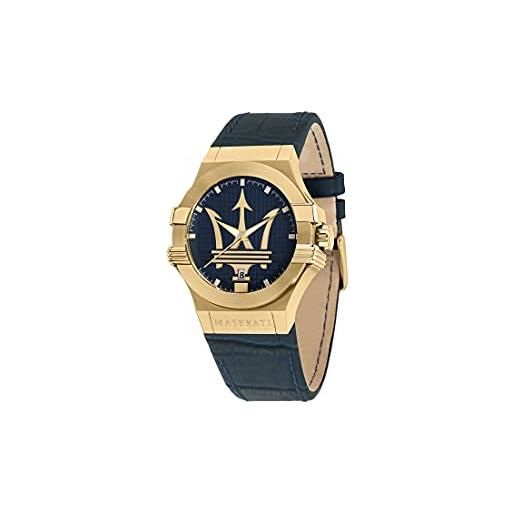 Maserati orologio uomo, collezione potenza, al quarzo, tempo e data, in acciaio, pvd oro, pelle naturale - r8851108035