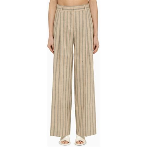 QUELLEDUE pantalone beige a righe in lino e lana