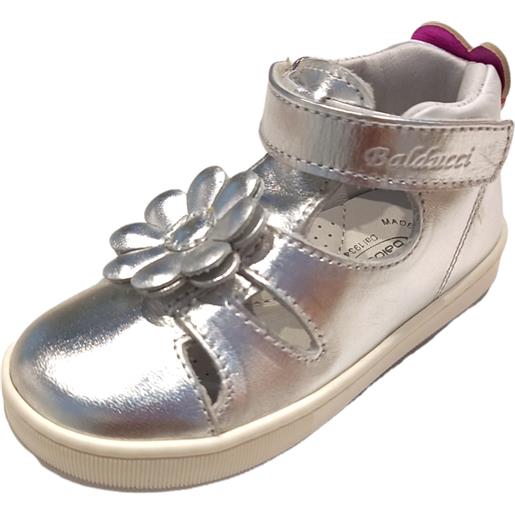 Sandalo a ragnetto da bambina colore argento con glitter e fiore frontale decorativo - balducci