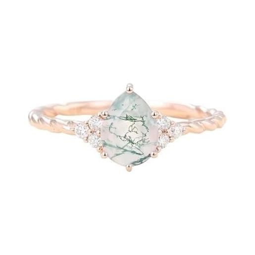 XQUIC anello di fidanzamento in agata muschiosa a forma di pera, anello in argento sterling 925 con agata muschiosa a goccia verde for donne, anello nuziale da sposa, anello anniversario (size: 60(19.1))