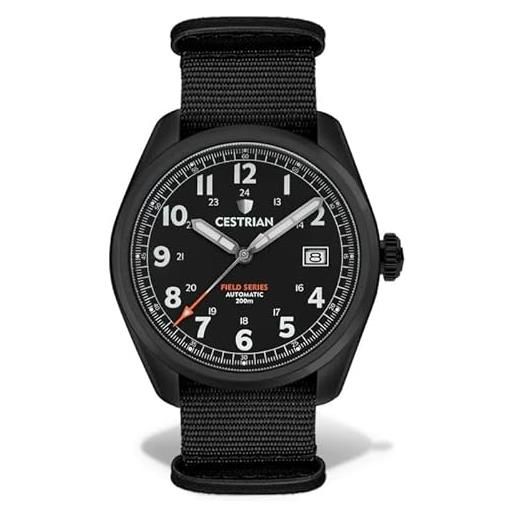 Cestrian field series cf121n5660 - orologio automatico da uomo, quadrante nero, cassa in pvd nero, cinturino nato, stile militare, 200 m, nero