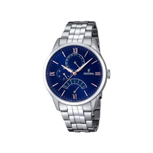 Festina f16822/3 orologio al quarzo da uomo, quadrante blu, display analogico e cinturino argentato in acciaio inox