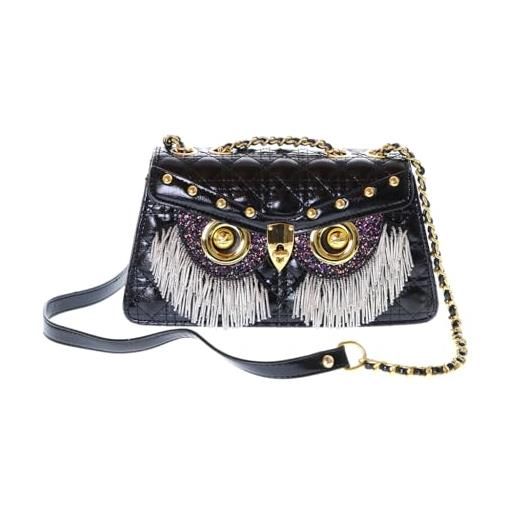 Kawaii-Story lb-6131 - borsa da donna a forma di gufo con occhi glitterati, con nappe e borchie glamour per feste, colore nero, 25 x 13 x 9 cm, nero