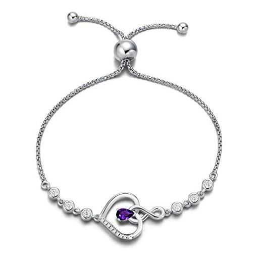 AGVANA bracciali da donna, regolabile braccialetto infinity heart in argento sterling 925, pietra portafortuna di febbraio ametista bracciale pietra gemma regalo di gioielleria per donna regalo