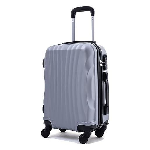 R.Leone valigia da 1 fino a set 4 trolley rigido grande, medio, bagaglio a mano e beauty case 4 ruote in abs 2037 (argento, l grande)