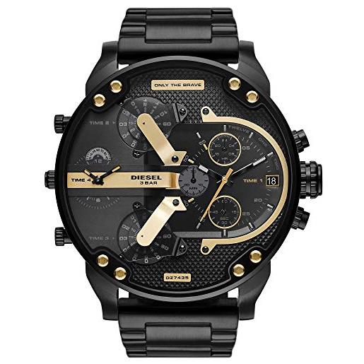 Diesel orologio mr. Daddy 2.0 uomo, movimento cronografo, cassa in acciaio inossidabile nera da 57 mm con bracciale in acciaio inossidabile, dz7435