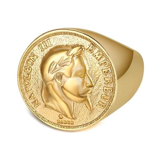 BOBIJOO JEWELRY - anello con sigillo di napoleone moneta da 20 franchi testa in acciaio placcato oro massiccio rotondo - nuovo modello améliorié - 29 (13 us), d'oro - acciaio inossidabile 316