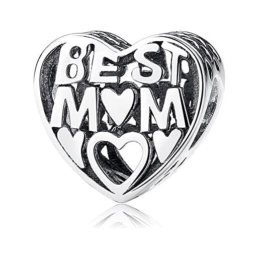 NINGAN 925 argento sterling best mom charms cuore perline adatto per le donne bracciale festa della mamma gioielli regalo