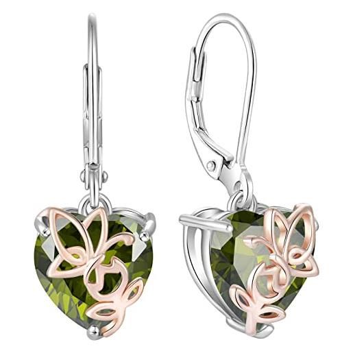 YL orecchini rosa farfalla cuore in argento 925 con orecchini per donna con pietra portafortuna di agosto peridoto verde cubico
