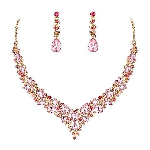 EVER FAITH matrimonio sposa cristalli goccia cluster statement collana orecchini pendenti per donne rosa oro-fondo