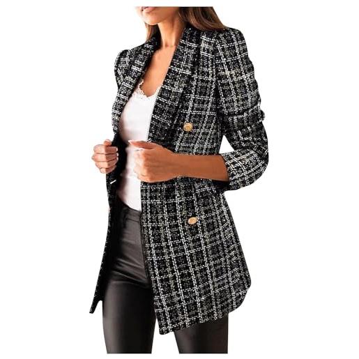 Yeooa giacca primaverile e autunnale da donna tweed blazer doppiopetto vintage giacca di transizione elegante e alla moda business casual giacca blazer scozzese alla moda (nero, s)