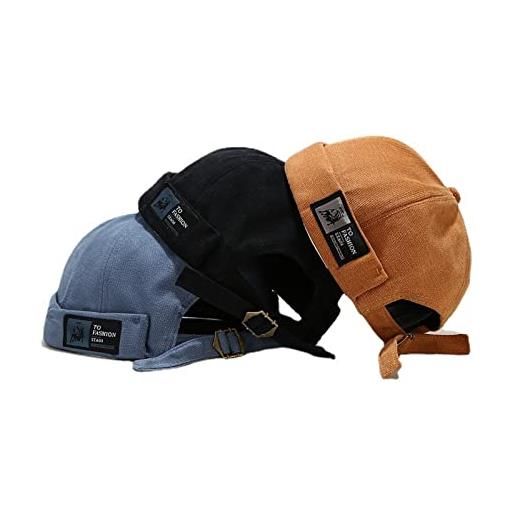 Faringoto cappello docker vintage cappello brimless solido hip-hop soft brimless cap, nero+blu+kaki, taglia unica