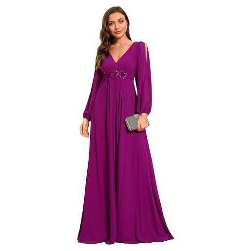 Ever-Pretty vestito da cerimonia elegante linea ad a scollo a v appliques plissettato donna taglie forti abiti da sera rosso purpureo 52