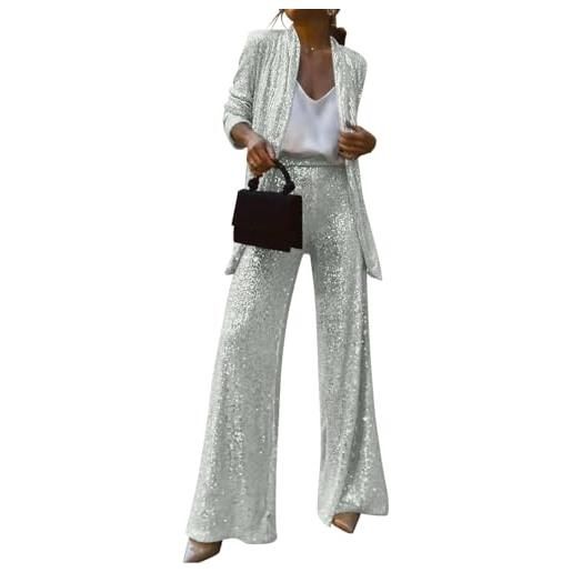 shownicer completo da donna in due pezzi con paillettes elegante tailleur pantaloni e giacca da completo blazer a maniche lunghe tuta a bianco xl