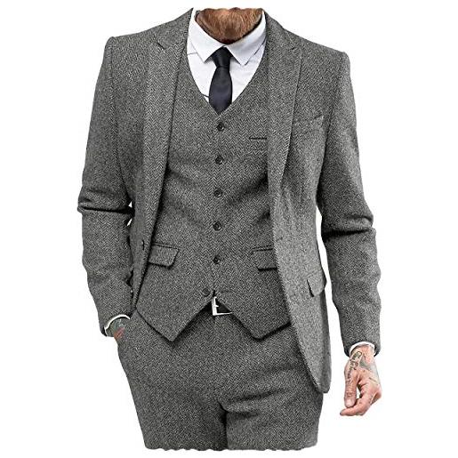 Aesido classic abiti uomo regular fit 3 pezzi lana tweed a spina di pesce business smoking sposa blazer+gilet + pantaloni grigio m