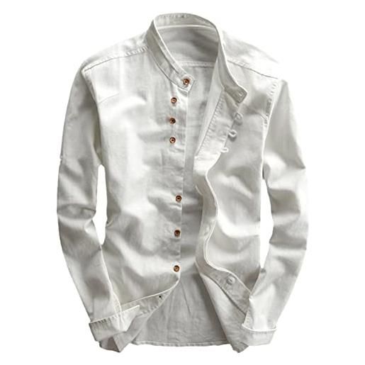 MORISTE stile giappone mens lino cotone camicia stand collare slim fit tinta unita maschio casual traspirante classica top, marina militare, s