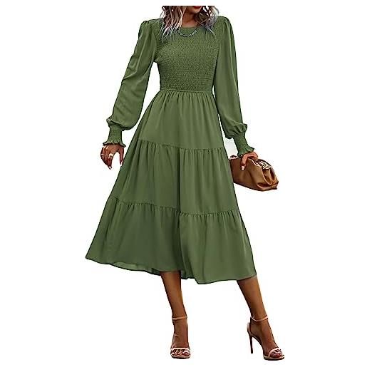 TcIFE abito lungo da donna casual maniche lunghe girocollo smock vestito con volant midi elegante boho abiti per autunno, army green, m