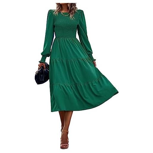 TcIFE abito lungo da donna casual maniche lunghe girocollo smock vestito con volant midi elegante boho abiti per autunno, verde, xl