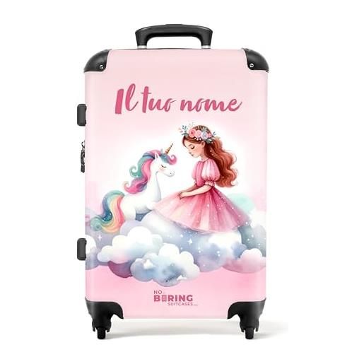 NoBoringSuitcases.com © valigia per bambini valigia per bambini valigia da viaggio bagaglio per bambini a 4 ruote, serratura tsa (principessa rosa, unicorno su una nuvola), (valigia media 67x43x25 cm)